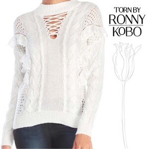 Ronny Kobo Ivory White Ruffle Lace Sweater‎